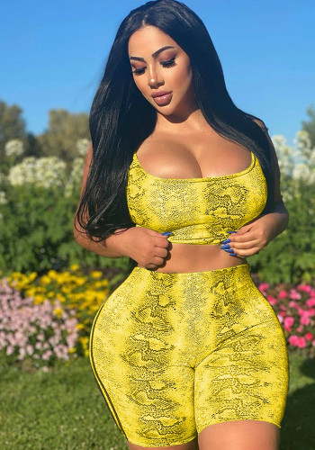 Spring Women's Fashion Casual Snakeskin Pattern Print Two Piece Shorts Set