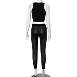 Women's Summer Round Neck Sleeveless Printed Cropped Top Slim Pants Two-Piece Set