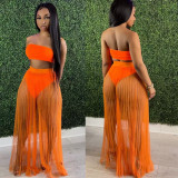 Women's Sexy Mesh Pleated Skirt Strapless Crop Top Three-Piece Set