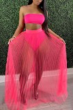 Women's Sexy Mesh Pleated Skirt Strapless Crop Top Three-Piece Set