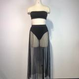Women's Sexy Mesh Pleated Skirt Strapless Crop Top Three-Piece Set