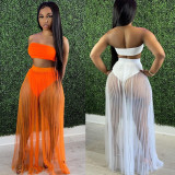 Women's Sexy Mesh Pleated Skirt Strapless Crop Top Three-Piece Set