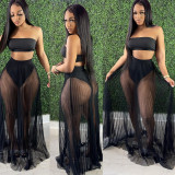 Women's Sexy Mesh Pleated Skirt Strapless Crop Top Three-Piece Set
