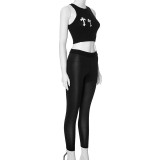 Women's Summer Round Neck Sleeveless Printed Cropped Top Slim Pants Two-Piece Set