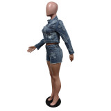 Women Denim Embroidered Cross Stretch Top and Shorts Two-piece Set