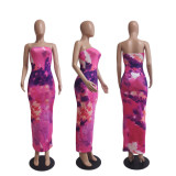 Summer Women's Sexy Printed Strapless Chic Tight Fitting Printed Long Dress