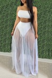Women's Sexy Mesh Pleated Skirt Strapless Crop Top Three-Piece Set