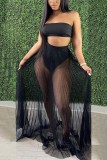 Women's Sexy Mesh Pleated Skirt Strapless Crop Top Three-Piece Set
