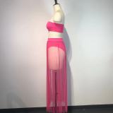 Women's Sexy Mesh Pleated Skirt Strapless Crop Top Three-Piece Set