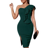 Women Sexy Solid One Shoulder Ruffle Dress