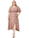 Plus Size Women Summer V Neck Short Sleeve Ruffle Print Pocket Dress