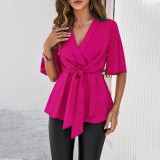 Women Spring and Summer Solid Elegant Short Sleeve Lace-Up Corset Top