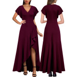 Women Sexy V Neck Irregular Ruffle Leaf Dress