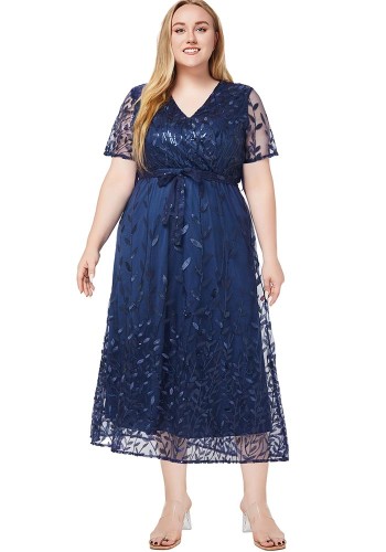 Plus Size Women Spring and Summer V Neck Short Sleeve Sequin Dress
