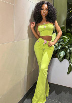 Women embroidered Strapless Top and high-waisted Casual trousers two-piece set