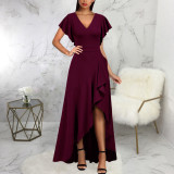 Women Sexy V Neck Irregular Ruffle Leaf Dress