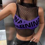 Women Summer Mesh Ripped Hollow Letter Contrast Color Top