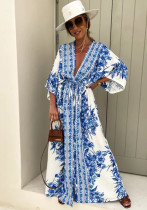 Women Spring Summer V Neck Short Sleeve Printed Dress