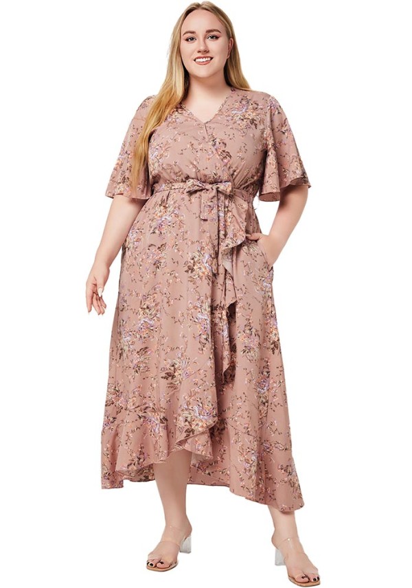 Plus Size Women Summer V Neck Short Sleeve Ruffle Print Pocket Dress