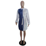 Women Contrast Color Long Sleeve Striped Shirt Dress