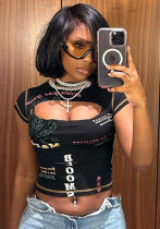 Women Sexy Round Neck Letter Printed Hollow Short Sleeve T-Shirt Women Sexy Round Neck Letter Printed Hollow Short Sleeve T-Shirt