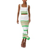 Women Contrast Color Striped Tank Top and Skirt Two-piece Set