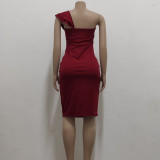 Women Sexy Solid One Shoulder Ruffle Dress