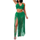 Women Beach Bikini Top and Fringed Skirt Two-piece Set