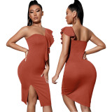 Women Sexy Solid One Shoulder Ruffle Dress