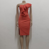 Women Sexy Solid One Shoulder Ruffle Dress