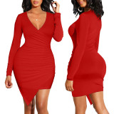 Women Sexy Solid V Neck Dress