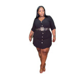 Plus Size Women Solid Loose Pocket Dress