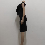 Women Sexy Solid One Shoulder Ruffle Dress