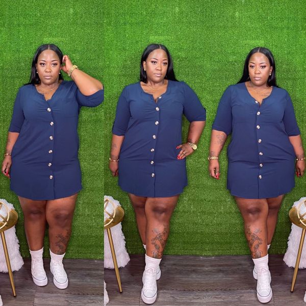 Plus Size Women Solid Loose Pocket Dress