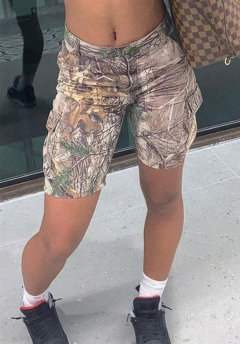 Summer Women Casual Leaf Print Pocket High Waist Shorts