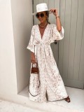 Women Spring Summer V Neck Short Sleeve Printed Dress