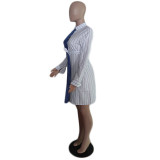 Women Contrast Color Long Sleeve Striped Shirt Dress