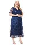 Plus Size Women Spring and Summer V Neck Short Sleeve Sequin Dress