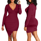 Women Sexy Solid V Neck Dress