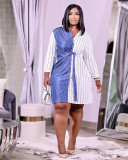 Women Contrast Color Long Sleeve Striped Shirt Dress