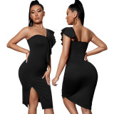 Women Sexy Solid One Shoulder Ruffle Dress