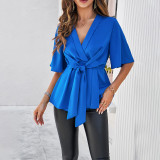 Women Spring and Summer Solid Elegant Short Sleeve Lace-Up Corset Top