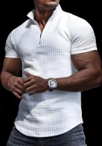 Men's Waffle Stand Collar Short Sleeve Solid Zipper T-Shirt Top