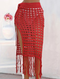 Women Sexy Hollow Lace Up Tassel Slit Beach Skirt