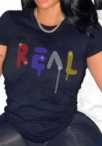 Women Round Neck Beaded Short Sleeve T-Shirt Women Round Neck Beaded Short Sleeve T-Shirt