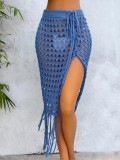 Women Sexy Hollow Lace Up Tassel Slit Beach Skirt