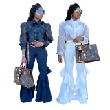 Sexy Mesh Tops Bell Bottom Pants Women's Casual Two Piece Set