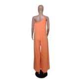 Women Solid Color Slash Shoulder Loose Jumpsuit