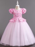 Children's Plaid Patchwork Puff Sleeve Princess Dress
