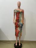 Women's Off Shoulder Fashion Printed Slim Long Dress